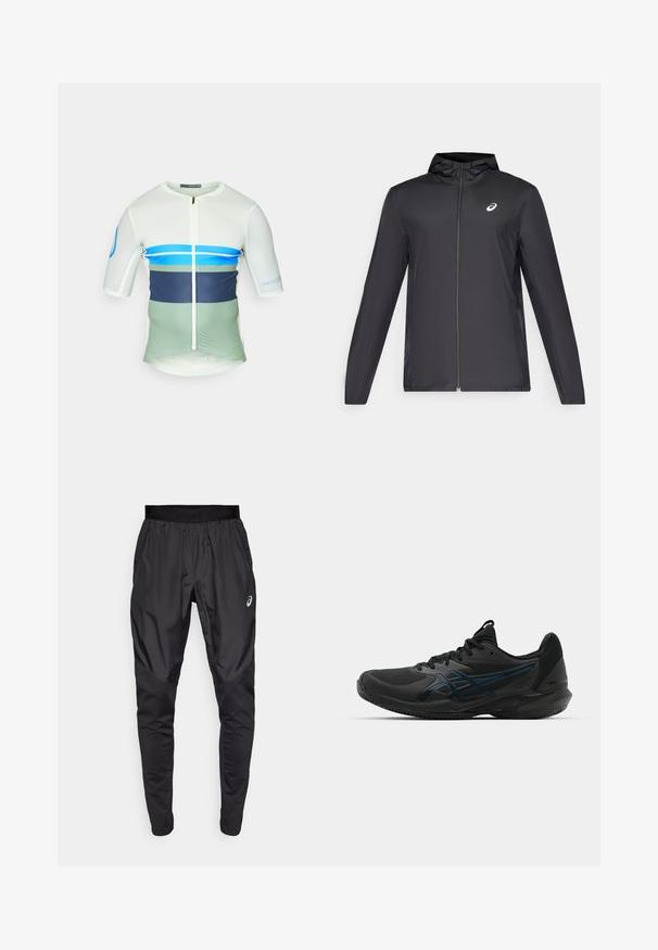 Veste légère noire avec capuche, fermeture éclair sur le devant, manches longues et petit logo sur la poitrine. Tissu lisse et résistant à l'eau.; Maillot de cyclisme à manches courtes en blanc, bleu et vert avec une fermeture éclair intégrale, des panneaux latéraux en mesh et un motif de blocs de couleurs horizontal.; Pantalons de sport noirs avec une taille élastique, des poches latérales et des panneaux de texture contrastée sur les jambes. Logo Asics sur la hanche.; ASICS SOLUTION SPEED FF 3 CLAY - Chaussures de tennis pour terre-battueerre battue - black/prism blue