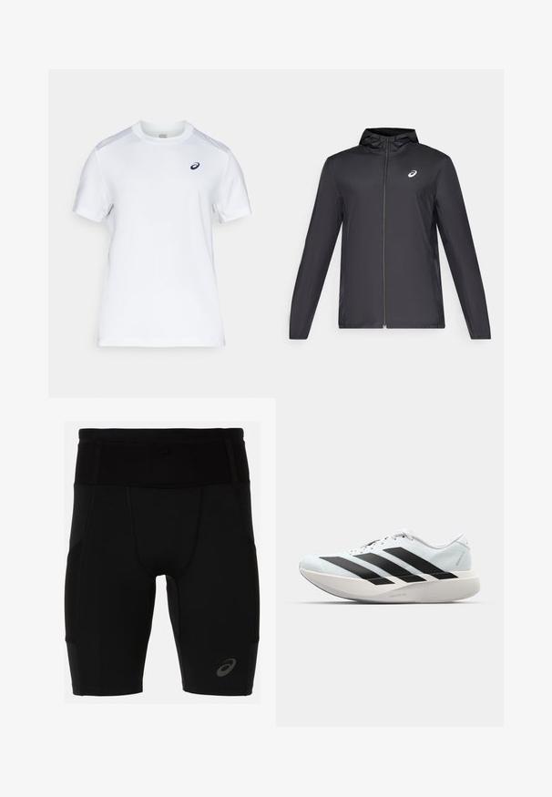 Černá lehká bunda s kapucí, předním zipem, dlouhými rukávy a malým logem na hrudi. Hladká, voděodolná tkanina.; Bílé sportovní tričko vyrobené z lehkého a prodyšného materiálu. Má krátké rukávy, kulatý výstřih a malé námořnické logo na prsou.; Černé sportovní šortky s přiléhavým střihem vyrobené z hladkého materiálu. Mají vysoký pas a malé logo na spodní levé noze.; Lehké běžecké boty v světle modré barvě s černými pruhy. Mají hladký svršek, kulatou špičku a silnou bílou mezipodešev označenou "LIGHTSTRIKE PRO."