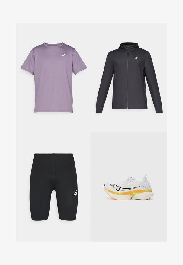 Black lightweight jacket with a hood, front zipper, long sleeves, and a small logo on the chest. Smooth, water-resistant fabric.; Purple short-sleeve athletic t-shirt made of lightweight fabric with a round neckline and a small white logo on the chest.; Black athletic shorts with a smooth texture, fitted design, and white logo on the left side. No visible pockets or hardware details.; White running shoe featuring a textured mesh upper, black swoosh design, and a colorful, layered sole with orange and yellow accents.