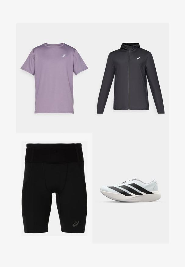 Jachetă ușoară neagră cu glugă, fermoar frontal, mâneci lungi și un mic logo pe piept. Material neted și rezistent la apă.; Tricou sport mov cu mâneci scurte, confecționat din țesătură care absoarbe umezeala, având decolteu rotund și un mic logo alb pe piept.; Shorts de sport negri cu un design ajustat, confecționați dintr-un material neted. Au un tiv înalt și un logo mic pe partea inferioară a piciorului stâng.; Pantofi de alergare ușori în albastru deschis cu dungi negre. Au un superior neted, vârf rotund și o intermediară groasă albă etichetată "LIGHTSTRIKE PRO."