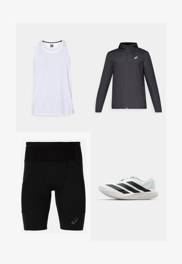 Černá lehká bunda s kapucí, předním zipem, dlouhými rukávy a malým logem na hrudi. Hladká, voděodolná tkanina.; Bílý sportovní top bez rukávů s texturovanou látkou, kulatým výstřihem, širokými výstřihy na paže a knoflíkovým detailem na rameně.; Černé sportovní šortky s přiléhavým střihem vyrobené z hladkého materiálu. Mají vysoký pas a malé logo na spodní levé noze.; Lehké běžecké boty v světle modré barvě s černými pruhy. Mají hladký svršek, kulatou špičku a silnou bílou mezipodešev označenou "LIGHTSTRIKE PRO."