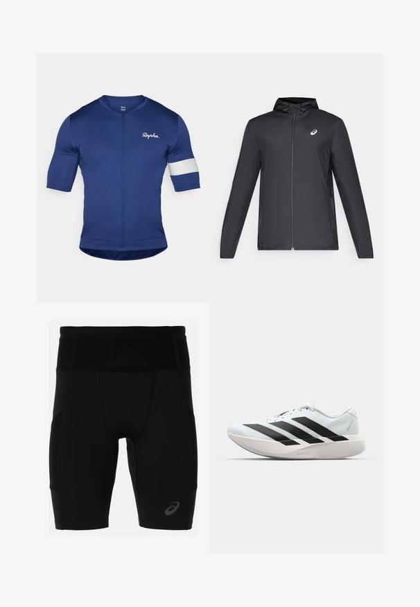 Black lightweight jacket with a hood, front zipper, long sleeves, and a small logo on the chest. Smooth, water-resistant fabric.; Navy cycling jersey with short sleeves, full zipper, and white stripe detail on the left sleeve. Made of smooth, stretchy fabric.; Black athletic shorts with a fitted design, made of smooth material. Features a high waistband and a small logo on the lower left leg.; Lightweight running shoes in pale blue with black stripes. Features a smooth upper, round toe, and thick white midsole labeled "LIGHTSTRIKE PRO."