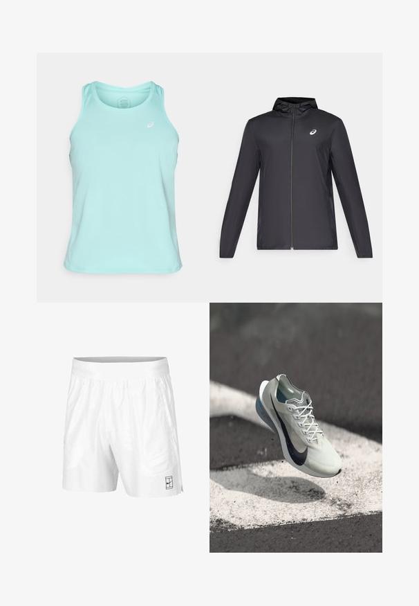 Schwarze, leichte Jacke mit Kapuze, Frontreißverschluss, langen Ärmeln und kleinem Logo auf der Brust. Glattes, wasserabweisendes Material.; Helles türkisfarbenes Sporttanktop, hergestellt aus glattem, atmungsaktivem Stoff. Mit einem Rundhalsausschnitt und einem Logo-Akzent auf der linken Brust.; Weiße Sportshorts aus leichtem Gewebe mit einem elastischen Bund, ausgestattet mit zwei Seitentaschen und einem kleinen schwarzen Logo am Saum.; Weiße und schwarze Nike-Laufschuhe, die über einer Asphaltoberfläche mit weißen Straßenmarkierungen und kleinen Trümmern schwebt.