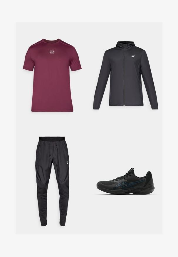 Casaco leve preto com capuz, fecho frontal, mangas longas e um pequeno logotipo no peito. Tecido suave e resistente à água.; T-shirt de manga curta em burgundy, feito de tecido texturizado, com um decote redondo e um pequeno logótipo EA7 no peito.; Calças atléticas pretas com uma cintura elástica, bolsos laterais e painéis de textura contrastante nas pernas. Logo da Asics no quadril.; ASICS SOLUTION SPEED FF 3 CLAY - Sapatilhas para ténis em terra batida - black/prism blue