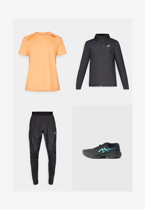 Musta kevyt takki hupulla, edessä vetoketju, pitkät hihat ja pieni logo rinnassa. sileä, vettä hylkivä kangas.; Lyhythihainen oranssi urheilupaita, joka on valmistettu sileästä kankaasta, jossa on pyöreä pääntie ja musta "BORG" -logo olkapäällä.; Mustat urheiluhousut, joissa on joustava vyötärö, sivutaskut ja kontrastiväriset kangaspaneelit jaloissa. Asics-logo lantiolla.; ASICS GEL RESOLUTION - Kengät kaikille alustoille - black/blue