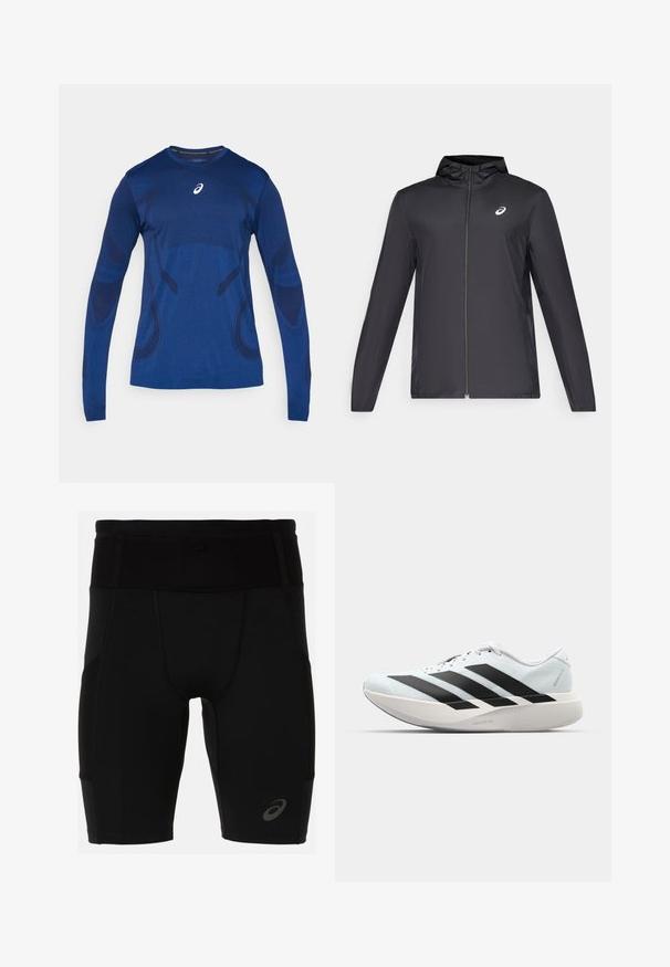Black lightweight jacket with a hood, front zipper, long sleeves, and a small logo on the chest. Smooth, water-resistant fabric.; ASICS ROAD SEAMLESS TOP - Long sleeved top - midnight; Black athletic shorts with a fitted design, made of smooth material. Features a high waistband and a small logo on the lower left leg.; Lightweight running shoes in pale blue with black stripes. Features a smooth upper, round toe, and thick white midsole labeled "LIGHTSTRIKE PRO."