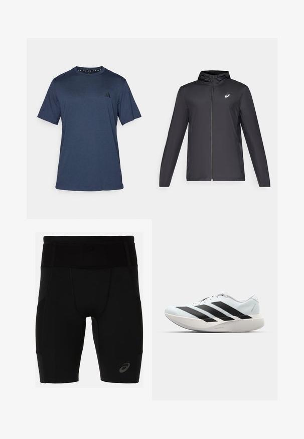 Sort letvægtsjakke med hætte, frontlynlås, lange ærmer og et lille logo på brystet. Glat, vandafvisende stof.; adidas Performance TRAIN ESSENTIALS COMFORT - Sports T-shirts - aurora ink/black; Sorte atletiske shorts med en tætsiddende design, lavet af glat materiale. Har en høj talje og et lille logo på den nederste venstre ben.; Letvægtige løbesko i lys blå med sorte striber. Har en glat overdel, rund tå og tyk hvid mellemsål mærket "LIGHTSTRIKE PRO."