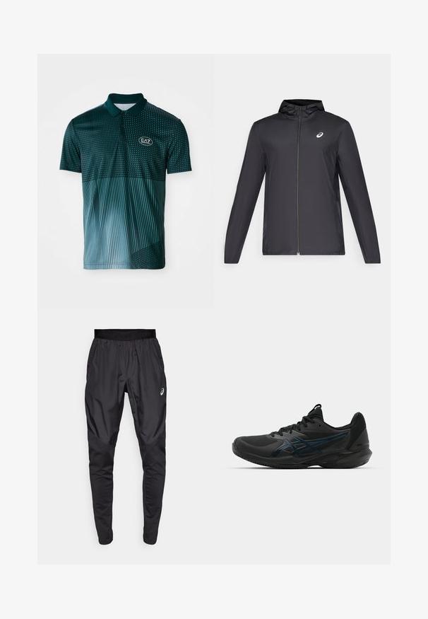 Black lightweight jacket with a hood, front zipper, long sleeves, and a small logo on the chest. Smooth, water-resistant fabric.; Short-sleeve polo shirt in dark green, featuring dotted and striped patterns, made from lightweight fabric, with a button placket and logo.; Black athletic pants with a stretchy waistband, side pockets, and contrasting texture panels on the legs. Asics logo on the hip.; ASICS SOLUTION SPEED FF 3 CLAY - Clay court tennis shoes - black/prism blue