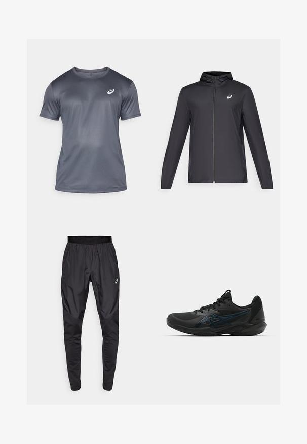 Sort letvægtsjakke med hætte, frontlynlås, lange ærmer og et lille logo på brystet. Glat, vandafvisende stof.; ASICS CORE TOP - Sports T-shirts - carrier grey; Sorte træningsbukser med en strækbar talje, sidelommer og kontrasterende teksturpaneler på benene. Asics-logo på hoften.; ASICS SOLUTION SPEED FF 3 CLAY - Tennissko til grusbane - black/prism blue