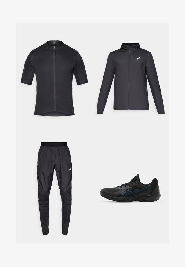 Czarna, lekka kurtka z kapturem, z zamek błyskawicznym z przodu, długimi rękawami i małym logo na klatce piersiowej. Gładki, wodoodporny materiał.; Męska koszulka rowerowa, krótki rękaw, czarny kolor, lekka tkanina, strukturalne ramiona, zamek błyskawiczny z przodu, dopasowany fason, płaskie szwy, subtelne logo.; Czarne spodenki sportowe z elastycznym paskiem w talii, bocznymi kieszeniami oraz kontrastującymi panelami teksturującymi na nogawkach. Logo Asics na biodrze.; ASICS SOLUTION SPEED 3 CLAY czarny