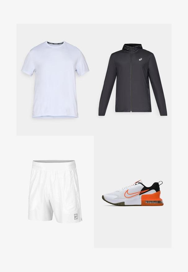 Mustmust mustgaasiga, millega on väike kapuuts, ees lukuga, pikad varrukad ja väike logo rinnal. Sile, veekindel kangas.; Valge sportlik T-särk lühikeste varrukatega, ümar kaelus ja sile, kerge kangas. Esiküljel on diskreetne logo.; Valged spordilühikesed püksid, mis on valmistatud kergest kangast, elastse vöökoha ja kahe küljetaskuga. Hemmi peal on väike must logo.; Valge sportlik king, millel on tekstuuriga võrkkangas, mustad ja oranžid detailid, paks kummitald ja selge õhukambriga osa kanna juures.