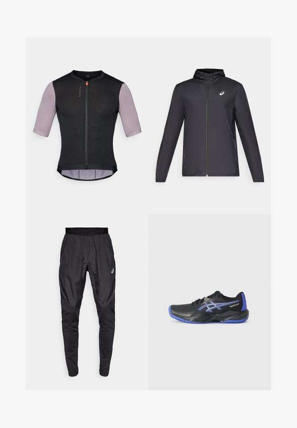 Chaqueta ligera negra con capucha, cierre frontal, mangas largas y un pequeño logo en el pecho. Tela suave y resistente al agua.; Jersey de ciclismo negro con mangas cortas y un diseño estampado. Cuenta con una cremallera frontal, tejido de malla transpirable y un dorso ligeramente alargado para mayor cobertura.; Pantalones deportivos negros con una cinturilla elástica, bolsillos laterales y paneles de textura contrastante en las piernas. Logo de Asics en la cadera.; Zapatilla deportiva negra con detalles azules, que cuenta con una parte superior perforada, suela texturizada y un detalle de logo. Punta redondeada y talón acolchado.