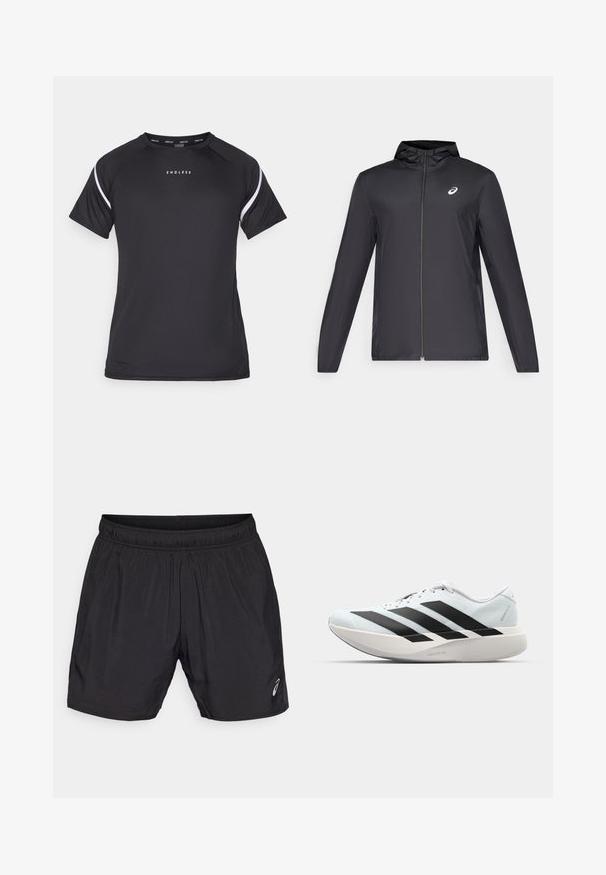 Sort letvægtsjakke med hætte, frontlynlås, lange ærmer og et lille logo på brystet. Glat, vandafvisende stof.; Endless APHEX - Sports T-shirts - black; Sorte atletiske shorts lavet af letvægtsmateriale, med en elastisk talje og et lille logo på nederste venstre side.; Letvægtige løbesko i lys blå med sorte striber. Har en glat overdel, rund tå og tyk hvid mellemsål mærket "LIGHTSTRIKE PRO."