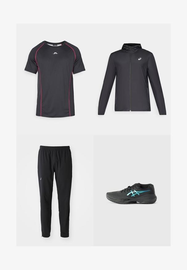 Juodas lengvas džemperis su gobtuvu, priekiniais užtrauktukais, ilgomis rankovėmis ir mažai logo ant krūtinės. Lygi, vandeniui atspari medžiaga.; Juodas, trumpomis rankovėmis sportinis marškinėlis pagamintas iš sintetinio audinio, su rožinėmis kontrastingomis siūlėmis ir mažuoju baltu logotipu priekyje, centre.; ASICS MATCH PANT - Treningo apatinė dalis - performance black; ASICS GEL RESOLUTION - Teniso bateliai įvairiai dangai - black/blue