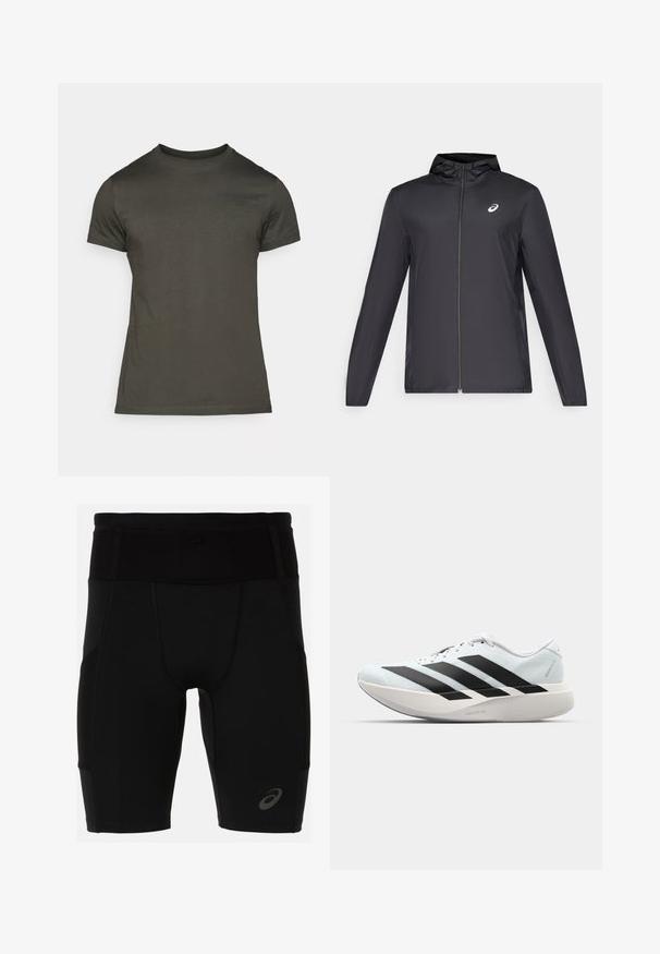 Črna lahka jakna s kapuco, sprednjim zadrgo, dolgimi rokavi in majhnim logotipom na prsih. Gladko, vodoodporno blago.; Temno olivno zelena majica, kratki rokavi, okrogla vratu, izdelana iz mehkega bombaža z diskretnim logotipom natisnjenim na sprednji strani. Gladka tekstura, sproščen kroj.; Črne atletske kratke hlače s prilegajočim dizajnom, izdelane iz gladkega materiala. Imajo visok pas in majhen logotip na spodnjem levem delu noge.; Lahki tekaški čevlji v svetlo modri barvi z belimi črtami. Imajo gladek zgornji del, okroglo kapico in debel bel srednji podplat z označbo "LIGHTSTRIKE PRO."