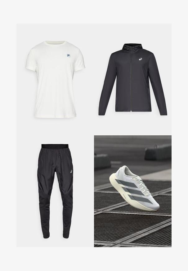 Juodas lengvas džemperis su gobtuvu, priekiniais užtrauktukais, ilgomis rankovėmis ir mažai logo ant krūtinės. Lygi, vandeniui atspari medžiaga.; Balta trumpa rankovėmis marškinėliai, pagaminti iš švelnios medžiagos. Turi apvalią iškirptę ir mažą mėlyną logotipą kairėje krūtinės pusėje.; Juodi sportiniai kelnes su elastingu juosmeniu, šoninėmis kišenėmis ir kontrastingos tekstūros panelėmis ant kojų. Asics logotipas ant klubo.; Balti sportbačiai su tekstūruotu tinklelio viršumi, pilkais dryžiais ir minkštu padu. Lengvo dizaino, tinkami bėgimui.