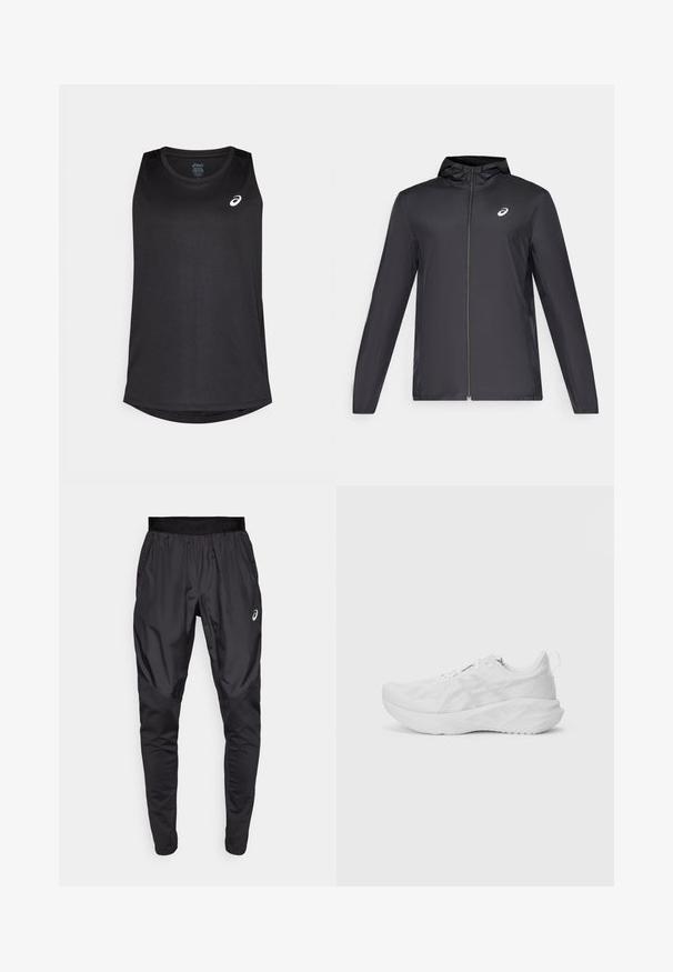 Crna lagana jakna s kapuljačom, prednjim patentnim zatvaračem, dugim rukavima i malim logom na prsima. Glatka, vodoodbojna tkanina.; Crna bezrukavna sportska majica od lagane tkanine, s zaobljenim rubom i bijelim logotipom na gornjem lijevom dijelu.; Crne sportske hlače s rastezljivim pojasom, bočnim džepovima i kontrastnim teksturalnim panelima na nogama. Asics logo na kuku.; Bijela sportska cipela s teksturiranim mrežastim gornjim dijelom, inovativnim jastučenjem, zakrivljenim potplatom i petnim trakama za lakše obuvanje.
