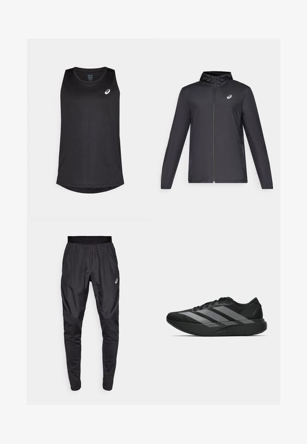 Giacca leggera nera con cappuccio, zip frontale, maniche lunghe e un piccolo logo sul petto. Tessuto liscio e resistente all'acqua.; Top sportivo senza maniche di colore nero, realizzato in tessuto leggero, con orlo arrotondato e un logo bianco sulla parte superiore sinistra.; Pantaloni sportivi neri con una cintura elastica, tasche laterali e pannelli di texture a contrasto sulle gambe. Logo Asics sull'anca.; Scarpe sportive nere con un design leggero, caratterizzate da tre strisce grigie prominenti, una superficie liscia e una suola sagomata.