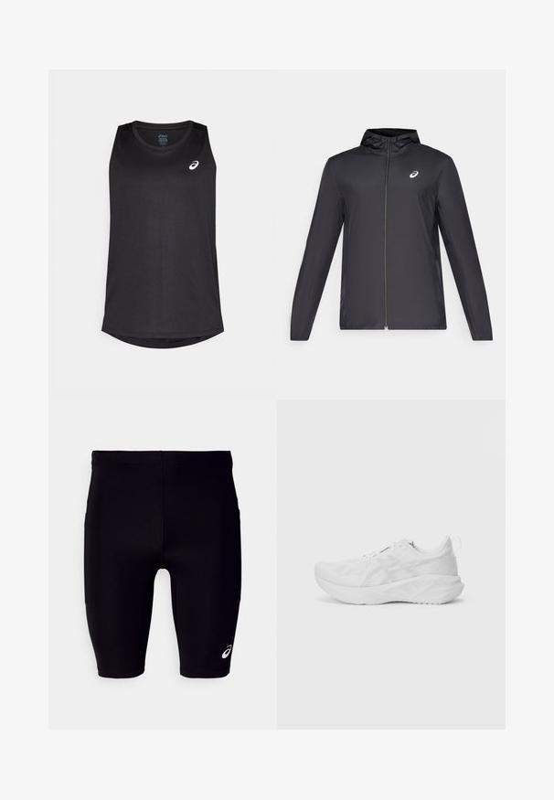 Melns viegls mētelis ar kapuci, priekšējais rāvējslēdzis, gari piedurknes un mazs logo uz krūtīm. Gluda, ūdensizturīga auduma.; Melna bez piedurknēm sporta topa blūze, kas izgatavota no viegla auduma, ar noapaļotu apakšējo malu un baltu logotipu augšējā kreisajā pusē.; Melni sporta šorti, kas izgatavoti no elastīga materiāla, ar ciešu piegriezumu, līdz ceļgaliem un mazu baltu logotipu apakšā.; Balta sporta apava ar teksturētu sietu augšdaļu, inovatīvu amortizāciju, izliekto zoli un vilkšanas cilpu pie papēža ērtai uzvilkšanai.