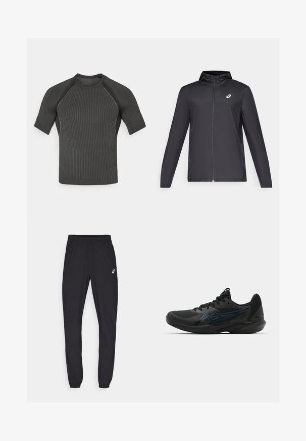 Giacca leggera nera con cappuccio, zip frontale, maniche lunghe e un piccolo logo sul petto. Tessuto liscio e resistente all'acqua.; Maglietta atletica nera a maniche corte con un motivo a coste testurizzato, design aderente e rifiniture minimaliste lungo le maniche e il colletto.; Pantaloni sportivi neri con cintura elastica e polsini aderenti. Presentano un discreto logo sulla coscia sinistra. Tessuto morbido e leggero.; ASICS SOLUTION SPEED FF 3 CLAY - da tennis per terra battuta - black/prism blue