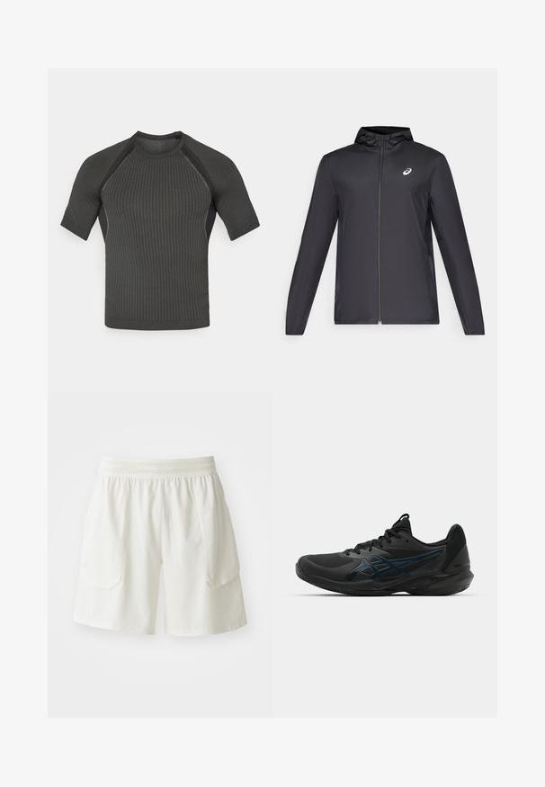 Chaqueta ligera negra con capucha, cierre frontal, mangas largas y un pequeño logo en el pecho. Tela suave y resistente al agua.; Camisa atlética negra de manga corta con un patrón de relieve texturizado, diseño ajustado y un ribete minimalista en las mangas y el cuello.; ASICS MATCH SHORT - Pantalón corto de deporte - cream; ASICS SOLUTION SPEED FF 3 CLAY - Zapatillas de tenis para tierra batida - black/prism blue