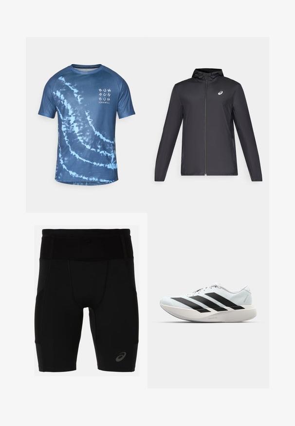 Black lightweight jacket with a hood, front zipper, long sleeves, and a small logo on the chest. Smooth, water-resistant fabric.; Blue tie-dye short-sleeve t-shirt made of lightweight fabric. Features a spiral pattern and “RUN” text in white on the front.; Black athletic shorts with a fitted design, made of smooth material. Features a high waistband and a small logo on the lower left leg.; Lightweight running shoes in pale blue with black stripes. Features a smooth upper, round toe, and thick white midsole labeled "LIGHTSTRIKE PRO."