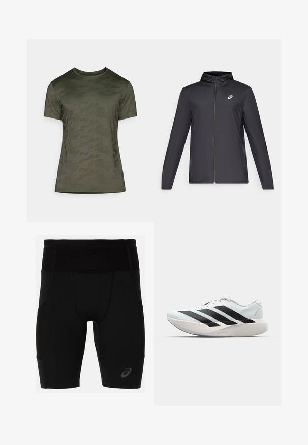 Musta kevyt takki hupulla, edessä vetoketju, pitkät hihat ja pieni logo rinnassa. sileä, vettä hylkivä kangas.; Olivinvihreä lyhythihainen t-paita, jossa on hienovarainen naamiointikuosi. Valmistettu pehmeästä kankaasta, jossa on pyöreä pääntie ja tiukka istuvuus.; Mustat urheilushortsit, joissa on tiukka muotoilu ja sileä materiaali. Varustettu korkealla vyötäröllä ja pienellä logolla vasemmassa alakulmassa.; Kevyt juoksukengät vaaleansinisinä mustilla raidoilla. Ominaisuuksiin kuuluu sileä pinta, pyöreä kärki ja paksu valkoinen välipohja, joka on merkitty "LIGHTSTRIKE PRO".