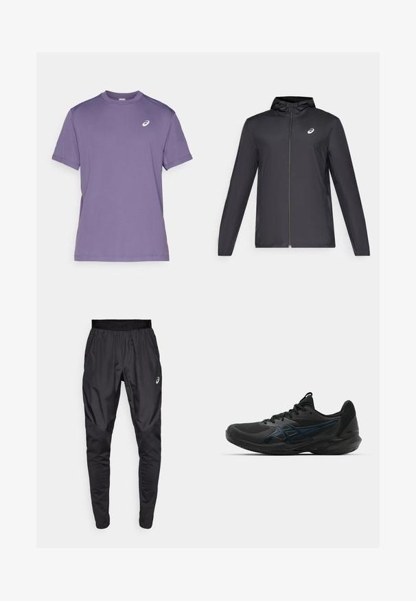 Svart lett jakke med hette, glidelås foran, lange ermer og en liten logo på brystet. Glatt, vannavstøtende stoff.; Lilla treningsskjorte laget av lett materiale, med rund hals og korte ermer. Logo i hvitt på venstre brystområde.; Svarte treningsbukser med elastisk midjebånd, sidelommer og kontrasterende teksturpaneler på bena. Asics-logo på hoften.; ASICS SOLUTION SPEED FF 3 CLAY - Clay court tennissko - black/prism blue