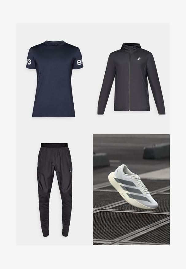 Casaco leve preto com capuz, fecho frontal, mangas longas e um pequeno logotipo no peito. Tecido suave e resistente à água.; T-shirt atlético de manga curta azul-marinho com decote redondo; apresenta detalhes de logotipo brancos em ambas as mangas e uma textura lisa e elástica.; Calças atléticas pretas com uma cintura elástica, bolsos laterais e painéis de textura contrastante nas pernas. Logo da Asics no quadril.; Sapatilha desportiva branca com parte superior em malha texturizada, apresentando riscas cinzentas e sola acolchoada. Design leve adequado para corrida.