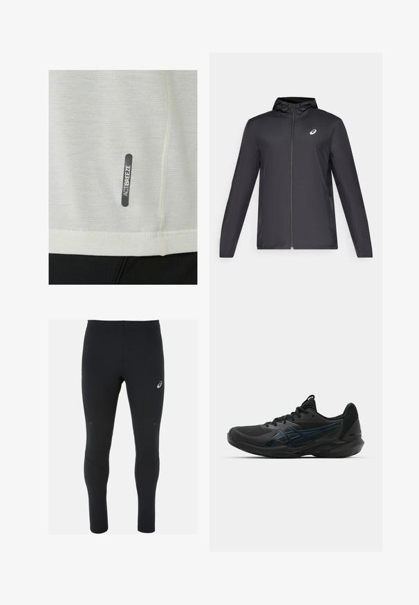 Schwarze, leichte Jacke mit Kapuze, Frontreißverschluss, langen Ärmeln und kleinem Logo auf der Brust. Glattes, wasserabweisendes Material.; Helles graues Sportoberteil aus atmungsaktivem Stoff, mit einem schwarzen "ACTIBREEZE"-Etikett an der Seite und subtiler Struktur.; ASICS ROAD WINTER - Lauftights - performance black; ASICS SOLUTION SPEED FF 3 CLAY - Tennisschuh für Sandplätze - black/prism blue