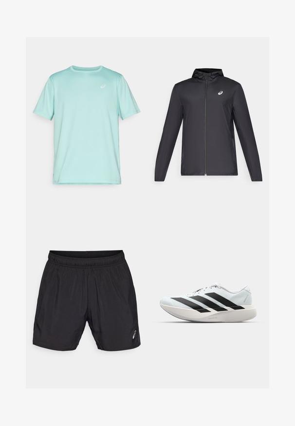 Črna lahka jakna s kapuco, sprednjim zadrgo, dolgimi rokavi in majhnim logotipom na prsih. Gladko, vodoodporno blago.; ASICS CORE TOP - Športne majice - green; Črne športne kratke hlače iz lahkega materiala, z elastičnim pasom in majhnim logotipom na spodnji levi strani.; Lahki tekaški čevlji v svetlo modri barvi z belimi črtami. Imajo gladek zgornji del, okroglo kapico in debel bel srednji podplat z označbo "LIGHTSTRIKE PRO."