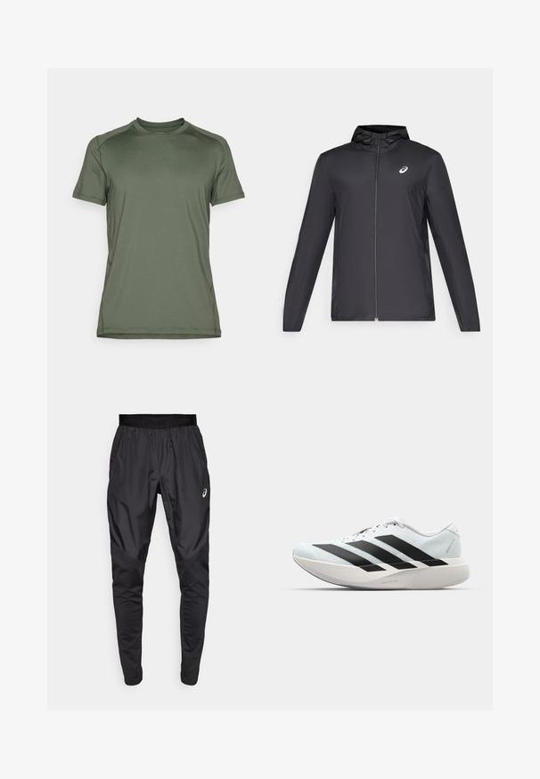 Casaco leve preto com capuz, fecho frontal, mangas longas e um pequeno logotipo no peito. Tecido suave e resistente à água.; Camisa atlética de manga curta na cor verde-oliva, feita de um tecido leve e suave; apresenta umDecote redondo e um detalhe de costuras mínimos.; Calças atléticas pretas com uma cintura elástica, bolsos laterais e painéis de textura contrastante nas pernas. Logo da Asics no quadril.; Tênis de corrida leves em azul pálido com riscas pretas. Apresentam um cabedal liso, bico redondo e uma entressola espessa branca rotulada como "LIGHTSTRIKE PRO."