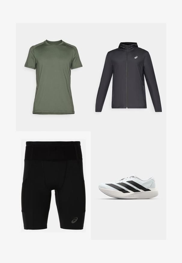 Černá lehká bunda s kapucí, předním zipem, dlouhými rukávy a malým logem na hrudi. Hladká, voděodolná tkanina.; Krátký rukáv sportovní tričko v olivově zelené barvě, vyrobené z hladkého, lehkého materiálu; má kulatý výstřih a minimální švy.; Černé sportovní šortky s přiléhavým střihem vyrobené z hladkého materiálu. Mají vysoký pas a malé logo na spodní levé noze.; Lehké běžecké boty v světle modré barvě s černými pruhy. Mají hladký svršek, kulatou špičku a silnou bílou mezipodešev označenou "LIGHTSTRIKE PRO."