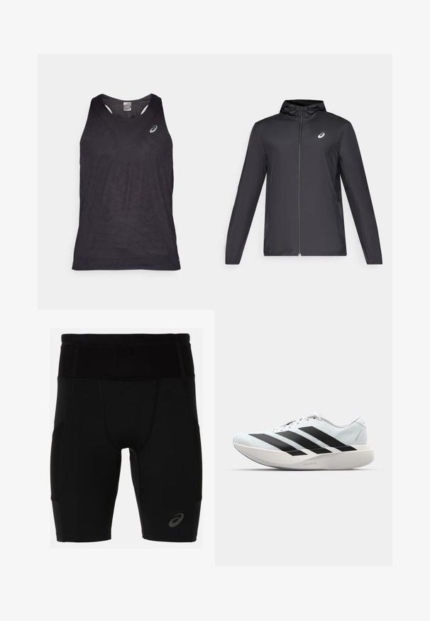 Black lightweight jacket with a hood, front zipper, long sleeves, and a small logo on the chest. Smooth, water-resistant fabric.; Black athletic tank top with a V-neck, featuring textured geometric patterns and a reflective logo on the upper left side. Lightweight fabric.; Black athletic shorts with a fitted design, made of smooth material. Features a high waistband and a small logo on the lower left leg.; Lightweight running shoes in pale blue with black stripes. Features a smooth upper, round toe, and thick white midsole labeled "LIGHTSTRIKE PRO."