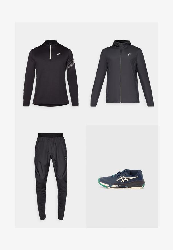 Černá lehká bunda s kapucí, předním zipem, dlouhými rukávy a malým logem na hrudi. Hladká, voděodolná tkanina.; Černý top s dlouhým rukávem a polo zipem, textil s texturou, kontrastní bílý logo na hrudi a tečkovaný vzor na rukávu.; Černé sportovní kalhoty s elastickým páskem, bočními kapsami a kontrastními texturovými panely na nohavicích. Logo Asics na boku.; Námořnické sportovní boty s síťovaným svrškem, bílým logem, zeleným akcentem na špičce a vícebarevnou podrážkou. Aerodynamický design s texturovaným povrchem.