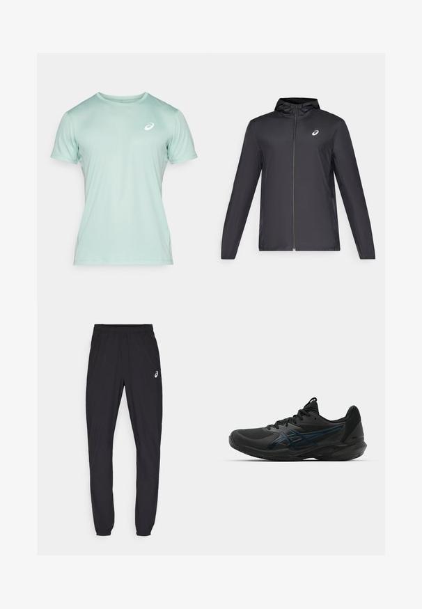 Chaqueta ligera negra con capucha, cierre frontal, mangas largas y un pequeño logo en el pecho. Tela suave y resistente al agua.; ASICS CORE TOP - Camiseta deportiva - light celadon; Pantalones deportivos negros con cintura elástica y puños ajustados. Presenta un sutil acento de logo en el muslo izquierdo. Tejido ligero y suave.; ASICS SOLUTION SPEED FF 3 CLAY - Zapatillas de tenis para tierra batida - black/prism blue