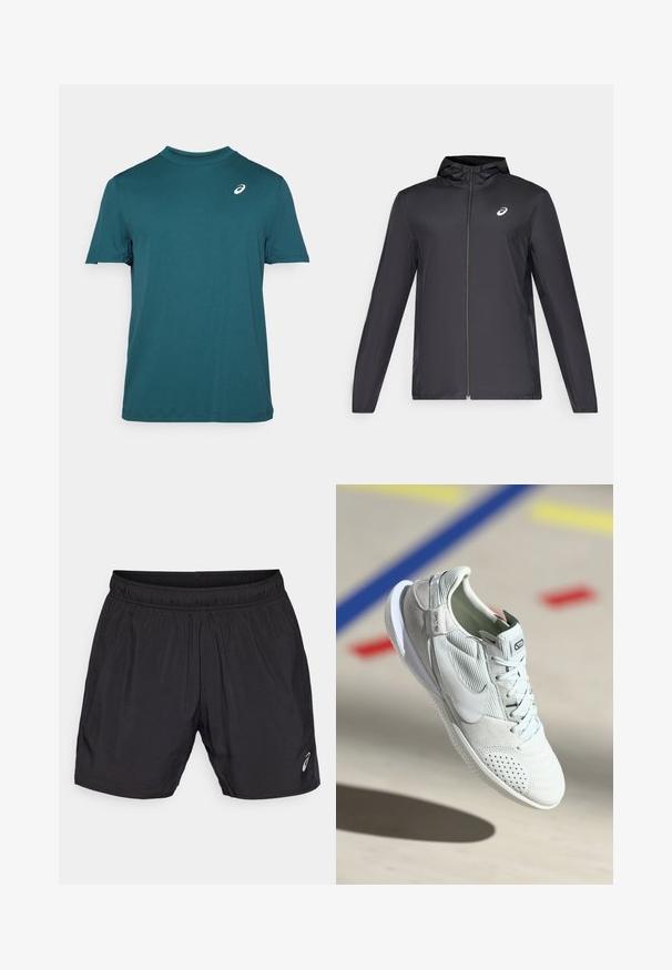 Casaco leve preto com capuz, fecho frontal, mangas longas e um pequeno logotipo no peito. Tecido suave e resistente à água.; Camisa de manga curta em verde-água, feita de um tecido suave, com um decote redondo e um pequeno logótipo branco na parte superior esquerda do peito.; Calções atléticos pretos feitos de material leve, com um cós elástico e um pequeno logótipo no canto inferior esquerdo.; Sapatilha Nike em cinza claro com texturas de camurça e malha, apresentando detalhes perfurados, uma sola branca e um detalhe prateado no calcanhar.