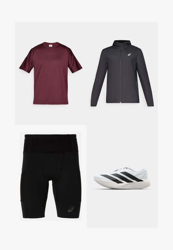 Zwarte lichtgewicht jas met een capuchon, rits aan de voorkant, lange mouwen en een klein logo op de borst. Glad, waterafstotend materiaal.; Bordeaux atletisch t-shirt met korte mouwen, een ronde hals en een klein zwart logo op de borst. Gemaakt van glad, lichtgewicht materiaal.; Zwarte sportshorts met een getailleerd ontwerp, gemaakt van glad materiaal. Voorzien van een hoge tailleband en een klein logo op het linkeronderbeen.; Lichte hardloopschoenen in lichtblauw met zwarte strepen. Beschikt over een soepele bovenkant, ronde neusstuk en dikke witte tussenzool met het label "LIGHTSTRIKE PRO."