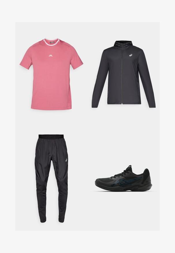 Casaco leve preto com capuz, fecho frontal, mangas longas e um pequeno logotipo no peito. Tecido suave e resistente à água.; T-shirt de manga curta e decote redondo em rosa claro, com um logo branco no peito e detalhes brancos na gola. Textura suave.; Calças atléticas pretas com uma cintura elástica, bolsos laterais e painéis de textura contrastante nas pernas. Logo da Asics no quadril.; ASICS SOLUTION SPEED FF 3 CLAY - Sapatilhas para ténis em terra batida - black/prism blue