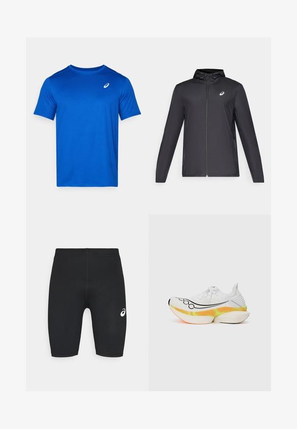 Črna lahka jakna s kapuco, sprednjim zadrgo, dolgimi rokavi in majhnim logotipom na prsih. Gladko, vodoodporno blago.; Modra kratkohlačasta majica z kratkimi rokavi, narejena iz lahkotnega materiala. Ima okroglo izrezan ovratnik in majhen bel logotip na prsih. Gladka tekstura.; Črne atletske kratke hlače z gladko teksturo, prilegajočim dizajnom in belim logotipom na levi strani. Brez vidnih žepov ali kovinskih detajlov.; Bela tekaška čevlja z mrežasto zgornjim delom, črnimi detalji v obliki swoosh in barvnim, večplastnim podplatom z oranžnimi in rumenimi akcenti.