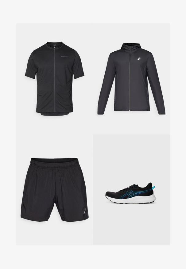 Svart lett jakke med hette, glidelås foran, lange ermer og en liten logo på brystet. Glatt, vannavstøtende stoff.; Svart kortermet sykkeltrøye med glidelås foran, laget av lett materiale. Har et minimalistisk design med preget logo på brystet.; Sorte treningsshorts laget av lett materiale, med elastisk midje og en liten logo på nedre venstre side.; Sort svarte treningssko med en pustende nettingoverdel, blå detaljer, polstret hvit såle og en teksturert overflate for grep. Har snøring og hæltass.