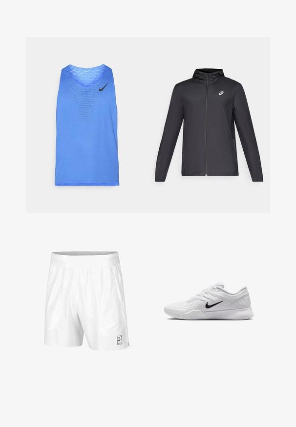 Crna lagana jakna s kapuljačom, prednjim patentnim zatvaračem, dugim rukavima i malim logom na prsima. Glatka, vodoodbojna tkanina.; Plavi mrežasti top bez rukava s okruglim izrezom i kontrastnim crnim Nike logotipom. Ima perforirani dizajn za ventilaciju i kretanje.; Bijele atletske kratke hlače izrađene od lagane tkanine s elastičnim pojasom, koje imaju dva bočna džepa i mali crni logo na rubu.; Bijela atletska cipela s teksturiranim mrežastim gornjištem, crnim Nike znak, podstavljenim ovratnikom i gumeni potplat s uzorkom gaznog sloja.