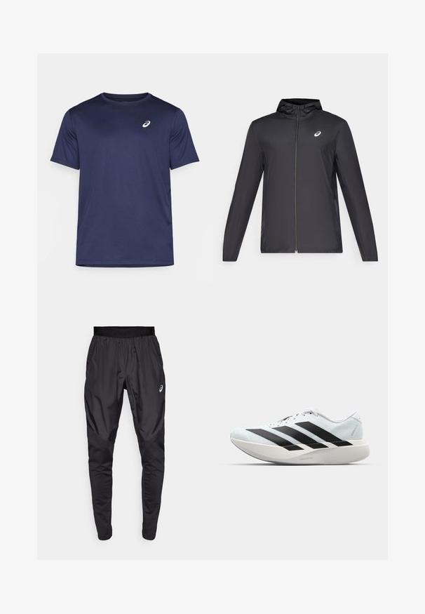 Čierna ľahká bunda s kapucňou, predným zipsom, dlhými rukávmi a malým logom na hrudi. Hladká, vodeodolná látka.; Námornícky modré športové tričko vyrobené z ľahkej, hladkej látky; má okrúhly výstrih a malé biele logo na hornej ľavej strane.; Čierne športové nohavice s elastickým pásom, bočnými vreckami a kontrastnými textúrovanými panelmi na nohách. Logo Asics na boku.; Ľahké bežecké topánky v svetlomodrej farbe s čiernymi pruhmi. Majú hladký zvršok, okrúle špičky a hrubú bielu medzipodrážku označenú "LIGHTSTRIKE PRO."