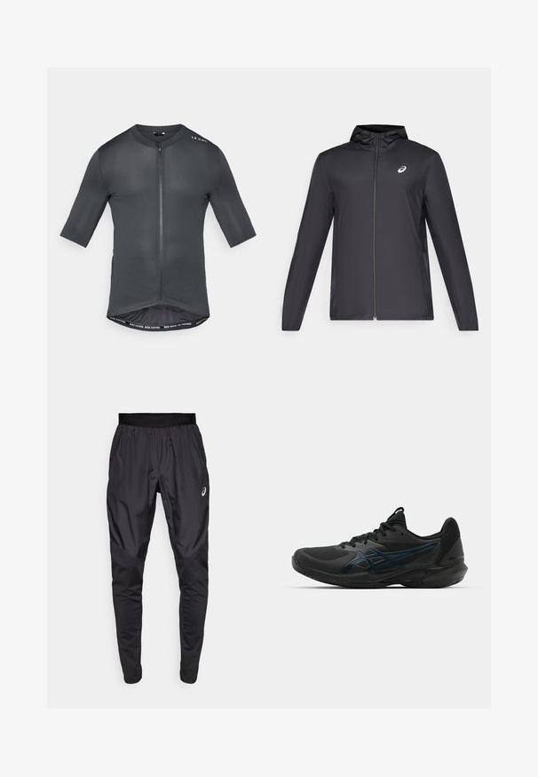 Veste légère noire avec capuche, fermeture éclair sur le devant, manches longues et petit logo sur la poitrine. Tissu lisse et résistant à l'eau.; Maillot de cyclisme à manches courtes en gris foncé, avec fermeture zip à l'avant, tissu texturé et ourlet intérieur contrastant portant le texte "ROUTE PLUS VITE. ROUTE PLUS LOIN."; Pantalons de sport noirs avec une taille élastique, des poches latérales et des panneaux de texture contrastée sur les jambes. Logo Asics sur la hanche.; ASICS SOLUTION SPEED FF 3 CLAY - Chaussures de tennis pour terre-battueerre battue - black/prism blue