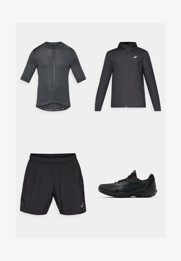 Chaqueta ligera negra con capucha, cierre frontal, mangas largas y un pequeño logo en el pecho. Tela suave y resistente al agua.; Jersey de ciclismo de manga corta en gris oscuro, con cremallera frontal, tejido texturizado y dobladillo interior en contraste que presenta el texto "RIDE FASTER. RIDE FURTHER.".; Pantalones cortos deportivos negros hechos de material ligero, con una cinturilla elástica y un pequeño logotipo en el lado inferior izquierdo.; ASICS SOLUTION SPEED FF 3 CLAY - Zapatillas de tenis para tierra batida - black/prism blue