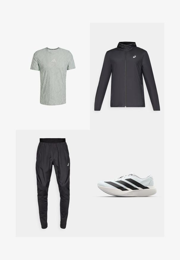 Chaqueta ligera negra con capucha, cierre frontal, mangas largas y un pequeño logo en el pecho. Tela suave y resistente al agua.; Camiseta de manga corta verde claro con un patrón texturizado de ondas y un logo blanco en el pecho. Cuello redondo con ribete en contraste.; Pantalones deportivos negros con una cinturilla elástica, bolsillos laterales y paneles de textura contrastante en las piernas. Logo de Asics en la cadera.; Zapatillas de running ligeras en azul pálido con rayas negras. Presentan una parte superior suave, puntera redonda y una gruesa mediasuela blanca etiquetada como "LIGHTSTRIKE PRO".