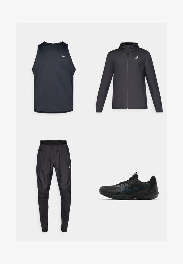 Zwarte lichtgewicht jas met een capuchon, rits aan de voorkant, lange mouwen en een klein logo op de borst. Glad, waterafstotend materiaal.; Zwarte sportieve tanktop van een textuur, ademende stof. Voorzien van een ronde hals en brede armsgaten. Klein logo op de voorkant.; Zwarte sportbroek met een rekbare tailleband, zijzakken en contrasterende textuurpanelen op de benen. Asics-logo op de heup.; ASICS SOLUTION SPEED FF 3 CLAY - Tennisschoenen voor kleibanen - black/prism blue