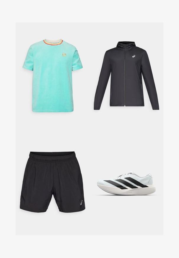 Juodas lengvas džemperis su gobtuvu, priekiniais užtrauktukais, ilgomis rankovėmis ir mažai logo ant krūtinės. Lygi, vandeniui atspari medžiaga.; Turkio spalvos trumpomis rankovėmis marškinėliai su apvaliu kaklu, turintys raudonus, geltonus ir mėlynus dryžius, ir mažą siuvinėtą logotipą priekyje.; Juodi sportiniai šortai, pagaminti iš lengvos medžiagos, su elastinga juosmens juosta ir maža logotipu apatinėje kairėje pusėje.; Lengvi bėgimo batai šviesiai mėlynos spalvos su juodomis juostelėmis. Yra lygus viršus, apvalus pirštas ir storas baltas vidpadis su užrašu "LIGHTSTRIKE PRO."