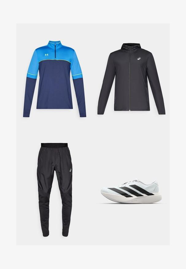 Fekete, könnyű dzseki kapucnival, elöl cipzárral, hosszú ujjú, és egy kisebb logóval a mellkason. Simább, vízálló anyag.; Hosszú ujjú sport póló, félcipzáros gallérral. Kék és sötétkék színblokkok zöld kiegészítőkkel. Sima anyag, sportos szabás. Az Under Armour logo látható.; Fekete sportnadrág rugalmas derékkal, oldalsó zsebekkel és ellentétes textúrájú panelek a lábakon. Asics logó a csípőn.; Világoskék, fekete csíkos könnyű futószerek. Simább felső résszel, kerek orral és vastag fehér középtalppal, amelyen a "LIGHTSTRIKE PRO" felirat olvasható.