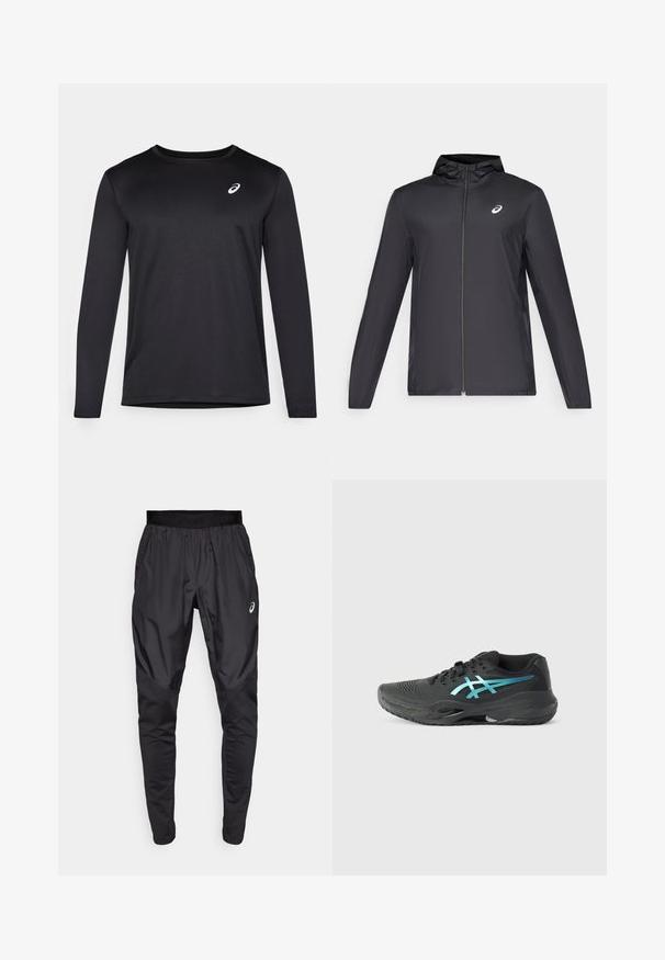 Zwarte lichtgewicht jas met een capuchon, rits aan de voorkant, lange mouwen en een klein logo op de borst. Glad, waterafstotend materiaal.; Zwart sportshirt met lange mouwen van een gestructureerde stof, met een ronde halslijn en een klein logo op de borst.; Zwarte sportbroek met een rekbare tailleband, zijzakken en contrasterende textuurpanelen op de benen. Asics-logo op de heup.; ASICS GEL RESOLUTION - Tennisschoenen voor alle ondergronden - black/blue
